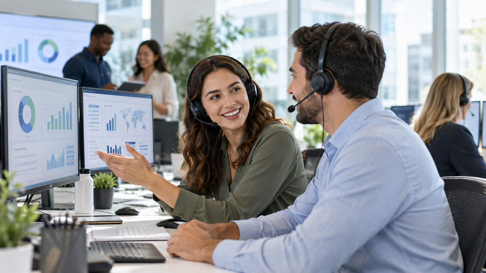 Equipe service client analysant la performance CRM